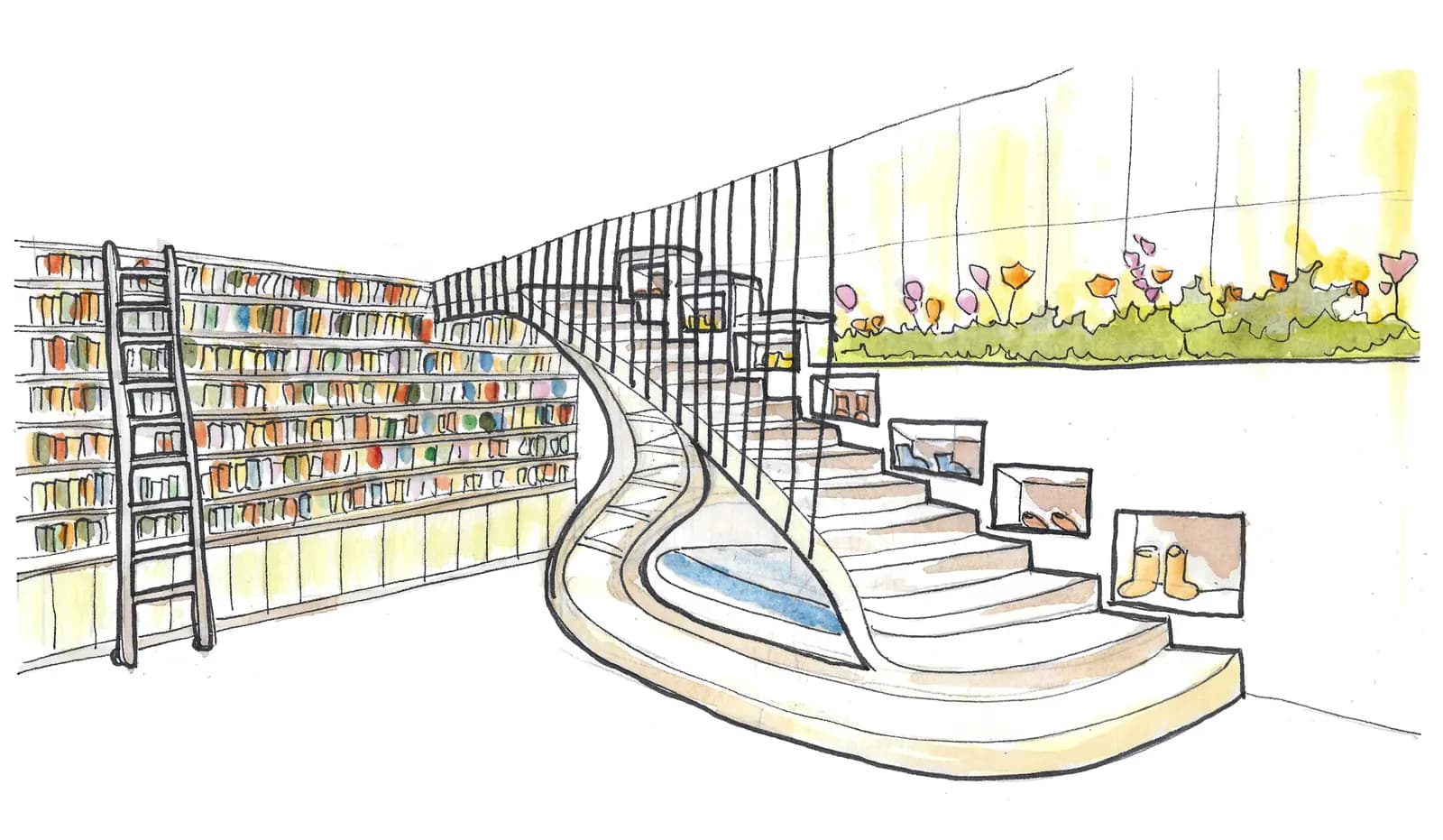 Watercolour of the curved stair and library wall in the Strawbale Home at Narara Ecovillage