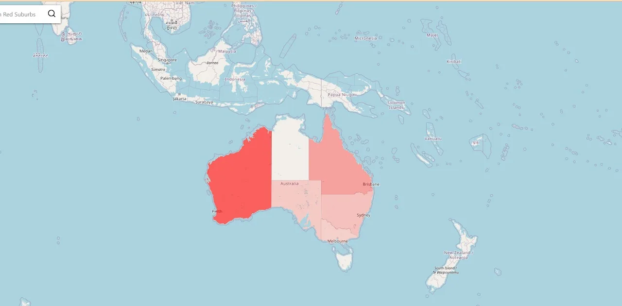 Redsuburbs map of Australia shaded by crime rate per state