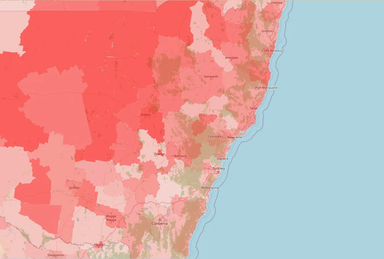 Redsuburbs crime rate map zoomed into the NSW Central Coast region