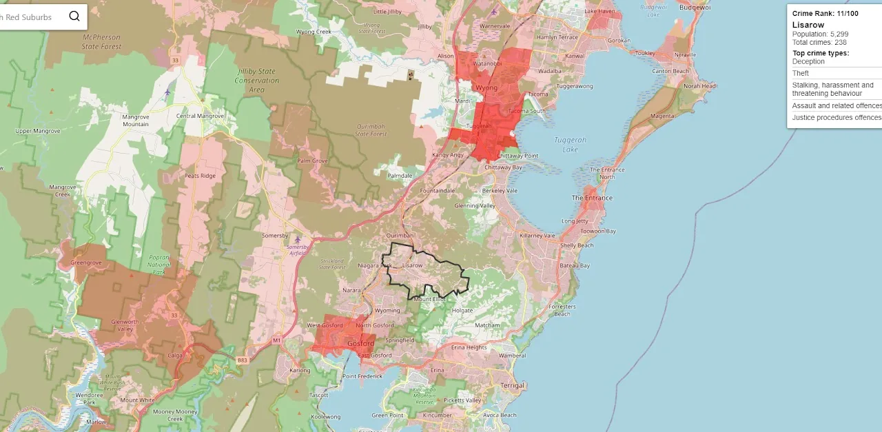 Redsuburbs popup showing Lisarow's crime rank and top offence types