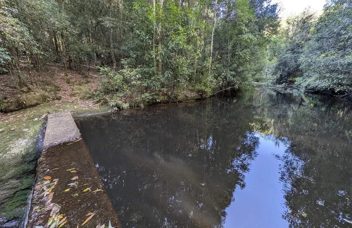 Still tannin dark dam behind a concrete spillway wall