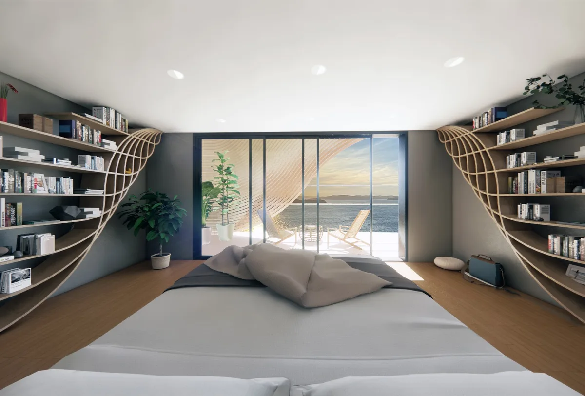 Bedroom render with wraparound bookshelves opening to an ocean view terrace