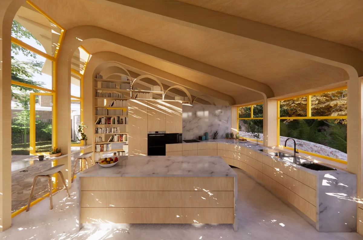 Sunlit architectural kitchen with a curved timber ceiling and marble island