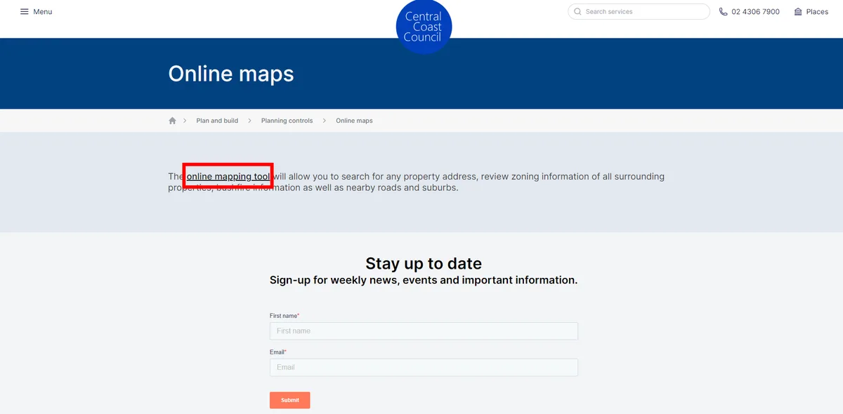 Central Coast Council website with the online mapping tool link highlighted