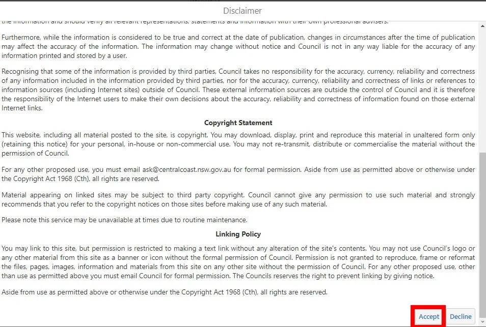 Council mapping disclaimer page with the accept button highlighted in red