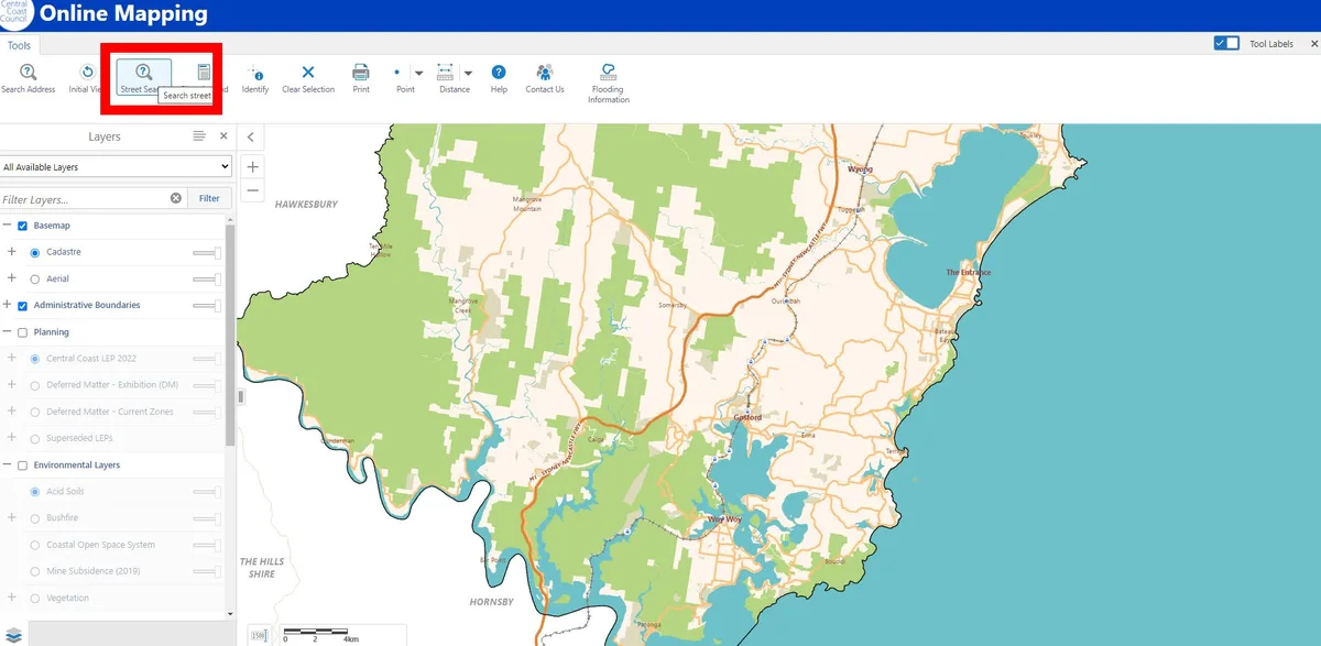 Online mapping tool toolbar with the street search button highlighted