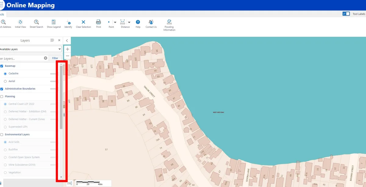 Zoomed cadastral map of Woy Woy Bay with the scroll bar highlighted