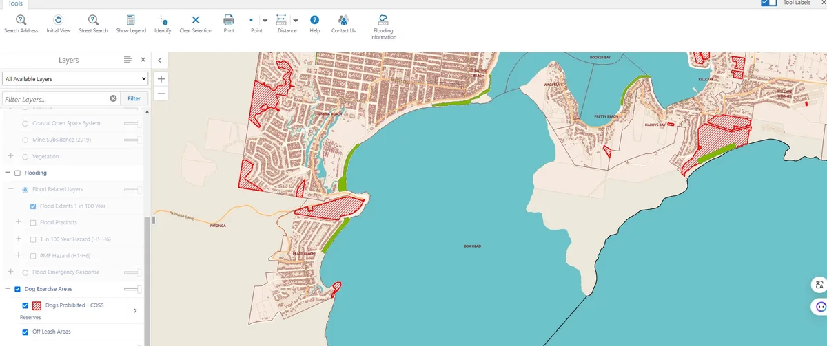 Online mapping sidebar with the dog exercise areas layer selected