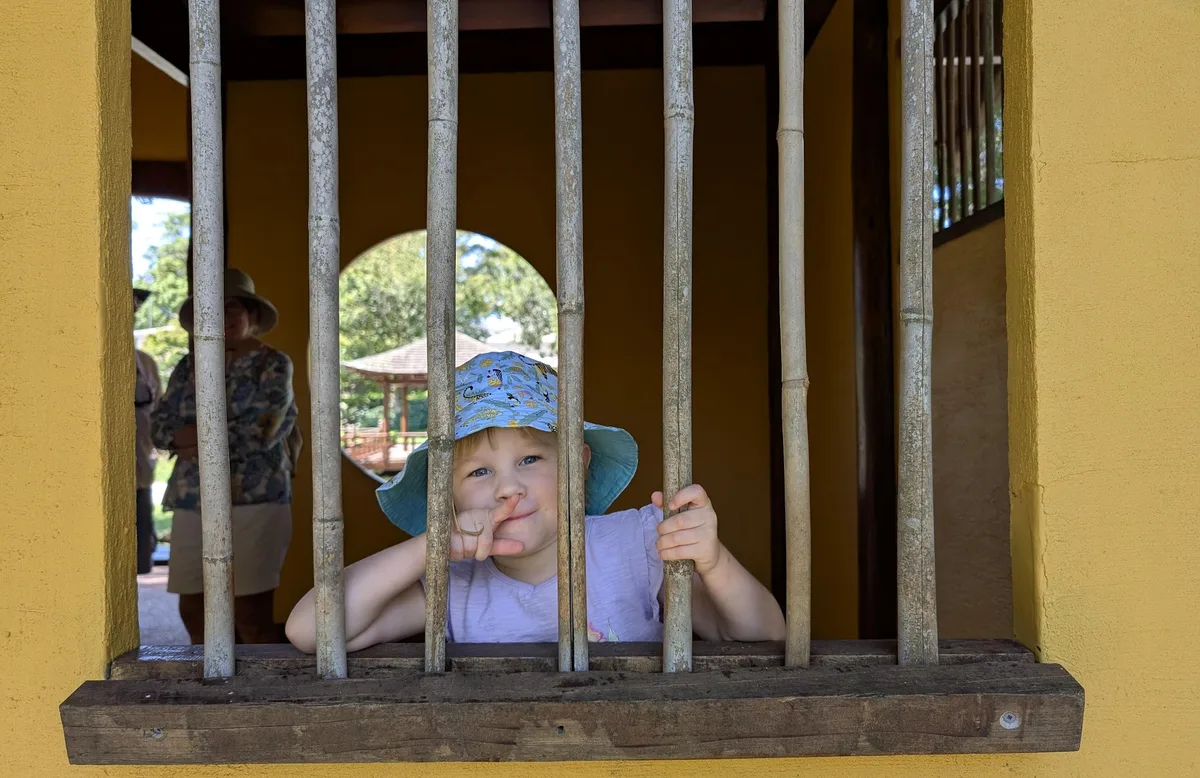 Child peeking through bamboo bars of a yellow garden shelter