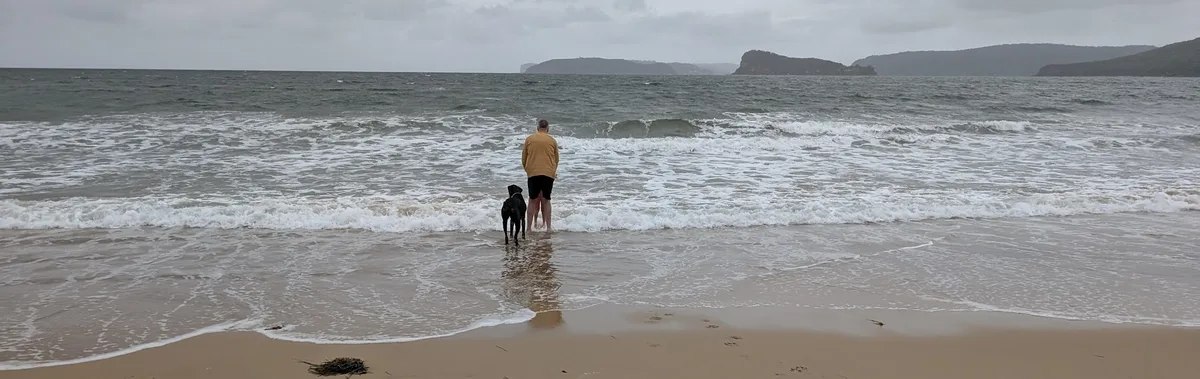 Man and black dog wading into gentle surf on an overcast day