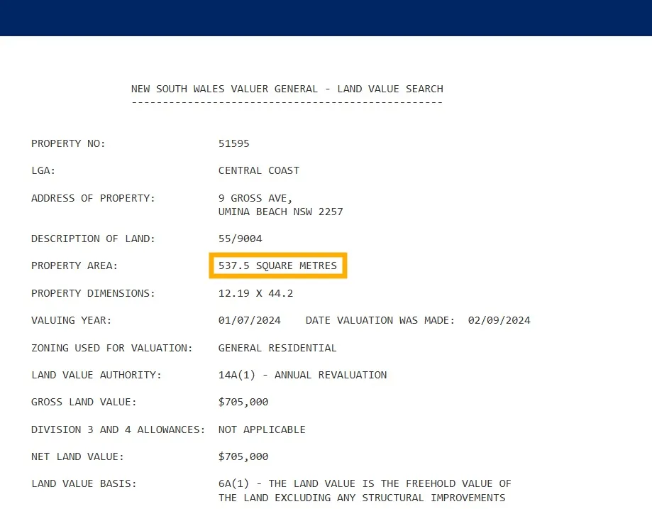 Property information from NSW Valuer General Land Value search including lot and dp, site area, dite dimesions and land value