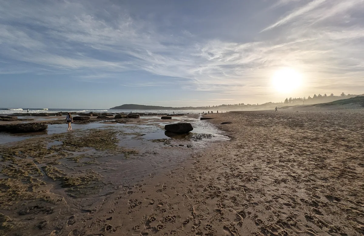 Rock platform at sunset with a walker and dog paw prints in the sand