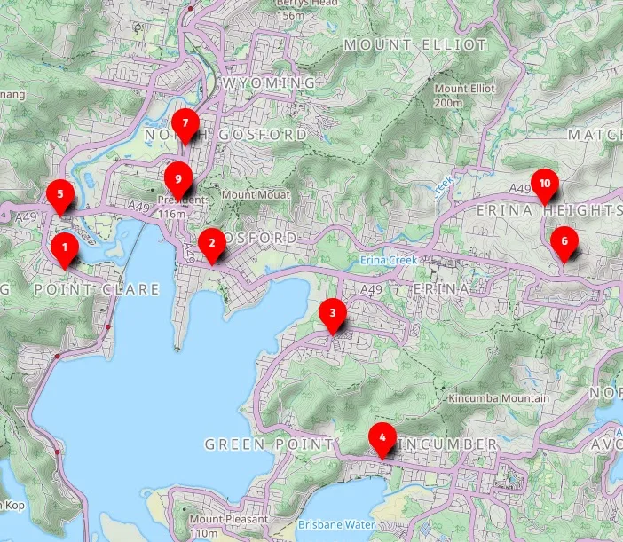 Map of Central Coast op shop locations with ten numbered pins