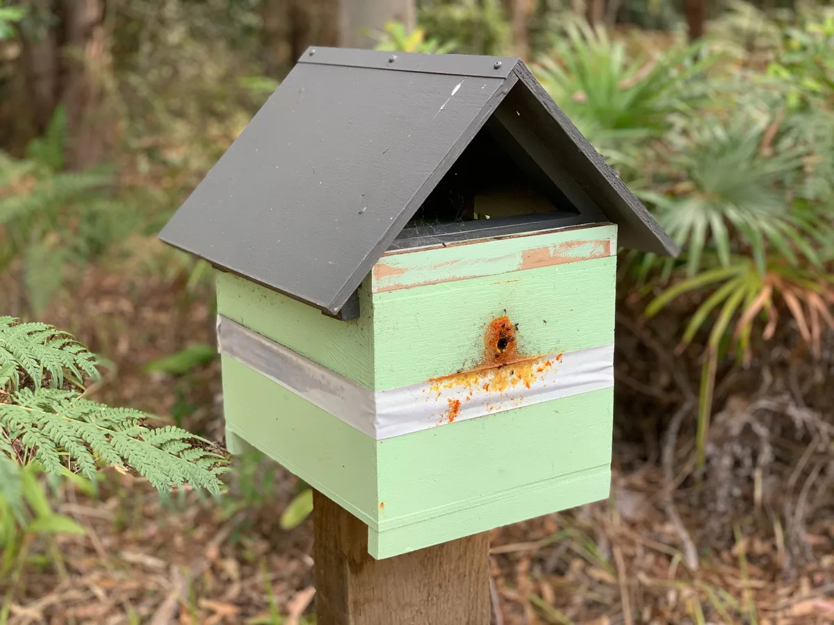 Small native bee hive box mounted on a post in the arboretum