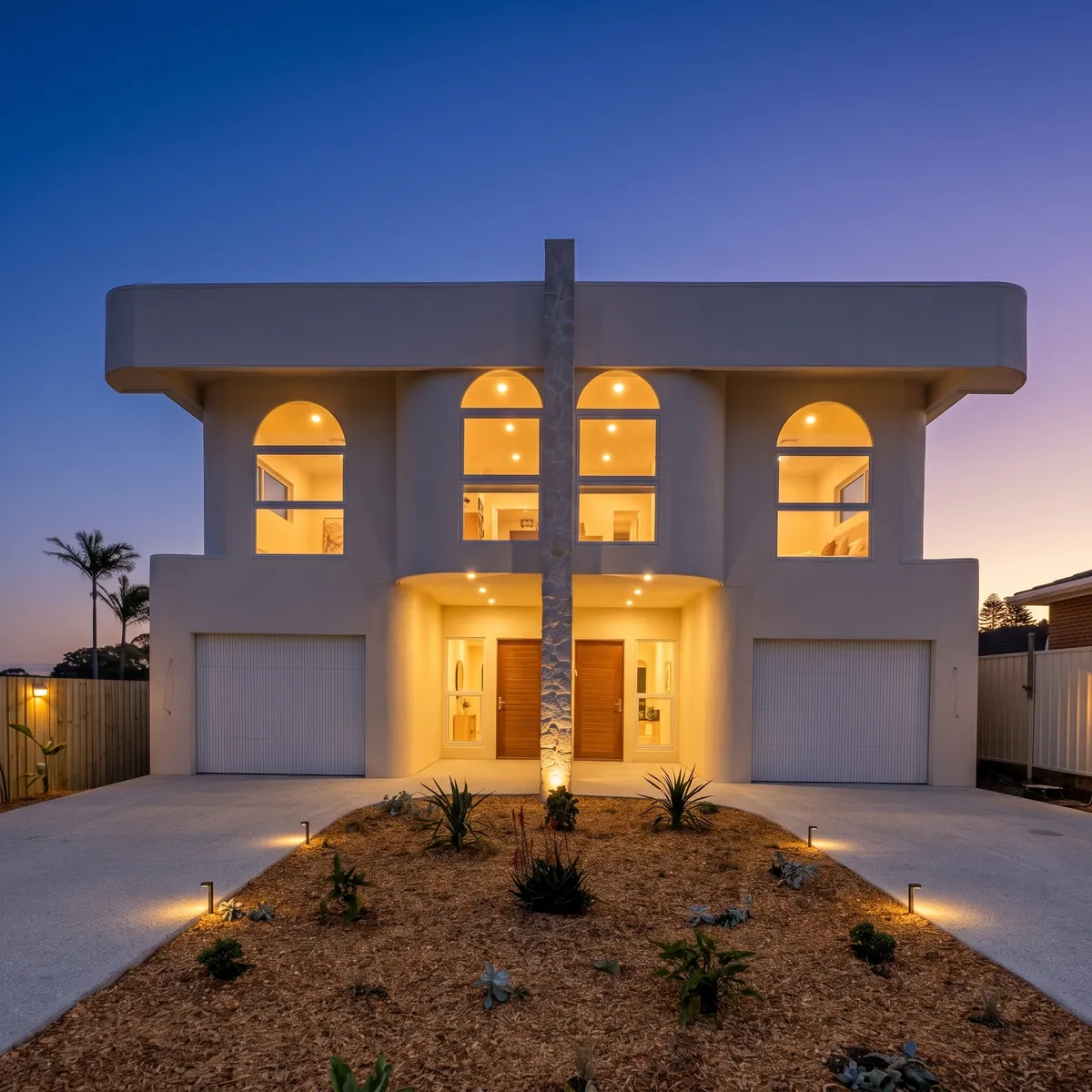 The finished Long Jetty Duplex at dusk, both homes lit behind their arched windows