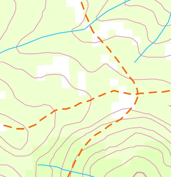 topographic contour map showing a walking track over sloping terrain