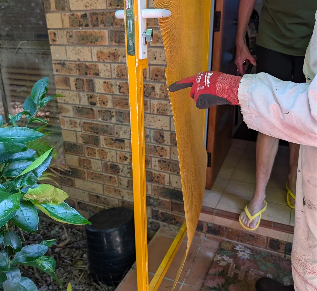 tradesperson pointing at a torn bushfire ember screen on a doorway