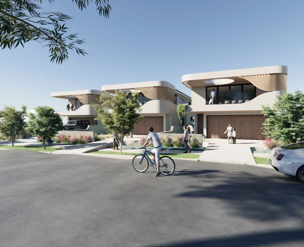 render of curved contemporary townhouses with a cyclist on the street